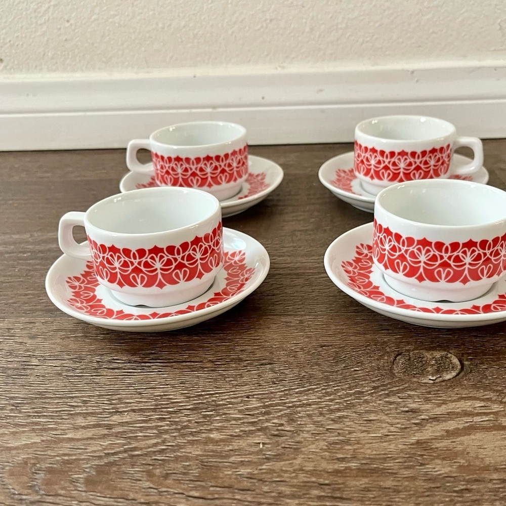 Red and White Ceramic Coffee Cup Set